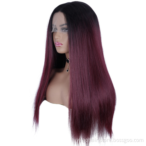 FZY Wholesale Price Good Omens Cosplay Black roots ombre Burgundy color sik straight Synthetic hair Wigs with lace front  Vendor